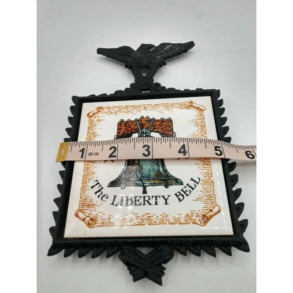 Vintage Cast Iron Enesco Wall Plaque With Ceramic Tile Featuring The Liberty Bel